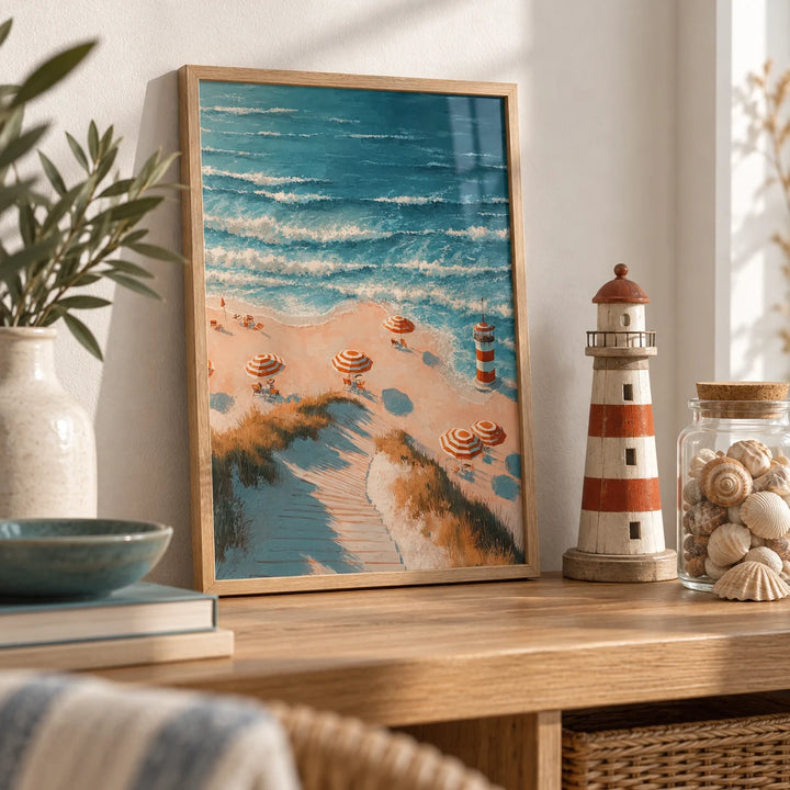 Beach Lighthouse Print, a small A4 framed print leaning on an oak shelf in a living room