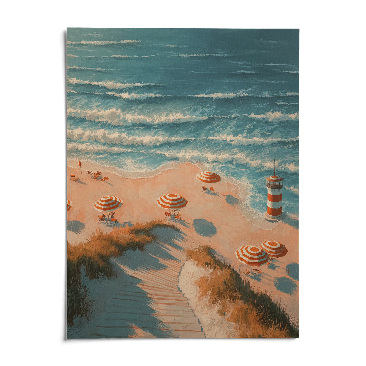 Beach Lighthouse Print, shown as an unframed paper print on a plain white background