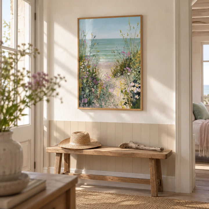 Beach Path Print, framed on the wall of a coastal cottage hallway with a sandy painted lower wall