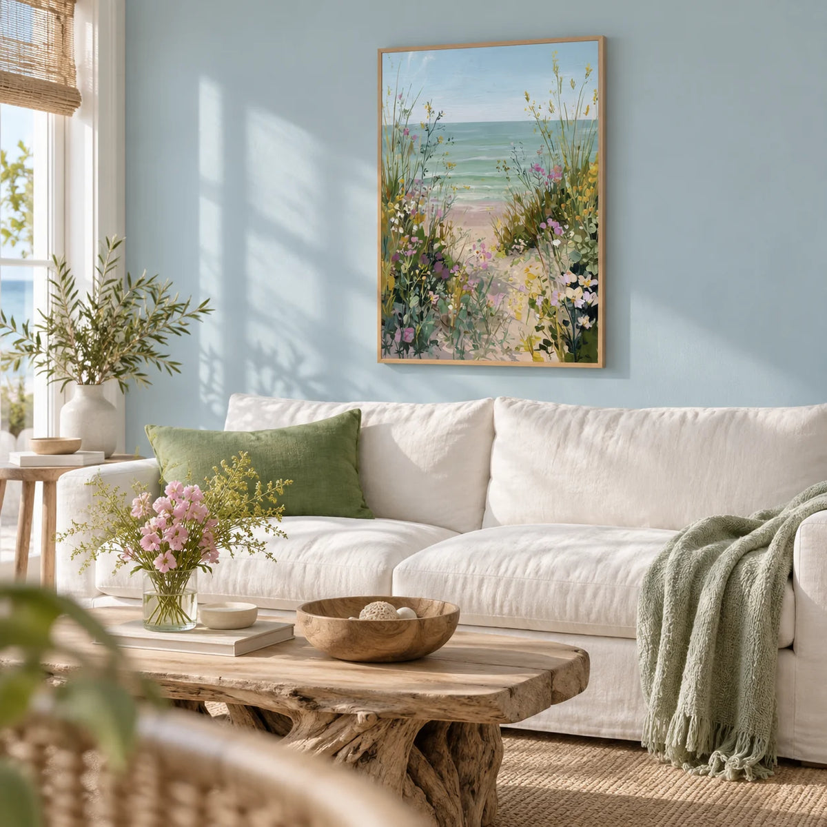 Beach Path Print, framed on the wall of a coastal living room with a pale powder blue painted wall