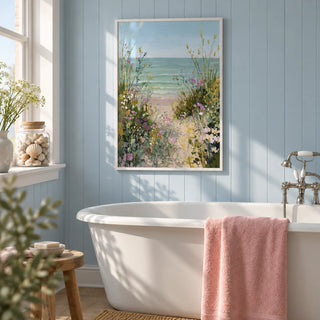 Beach Path Print, framed on the wall of a seaside bathroom with powder blue tongue-and-groove panelling