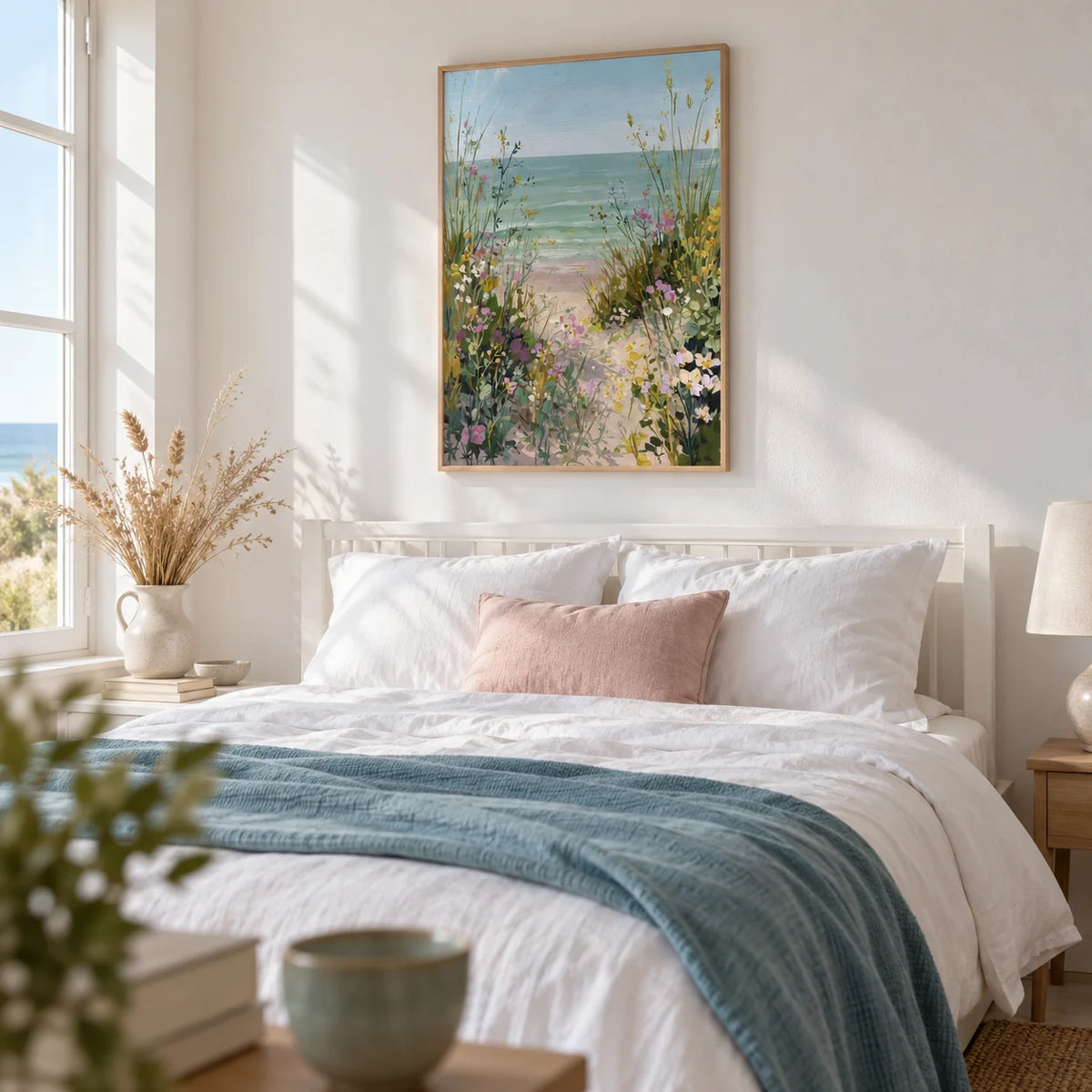 Beach Path Print, framed on the wall of a seaside bedroom