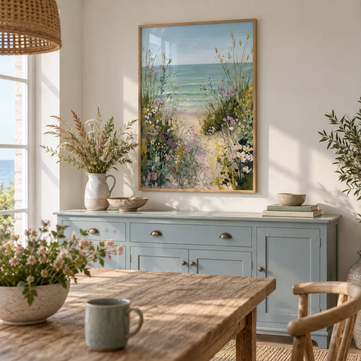 Beach Path Print, framed on the wall of a seaside dining room