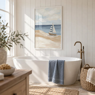 Beach Sailboat Wall Art, framed on the wall of a beach-house bathroom with white tongue-and-groove panelling