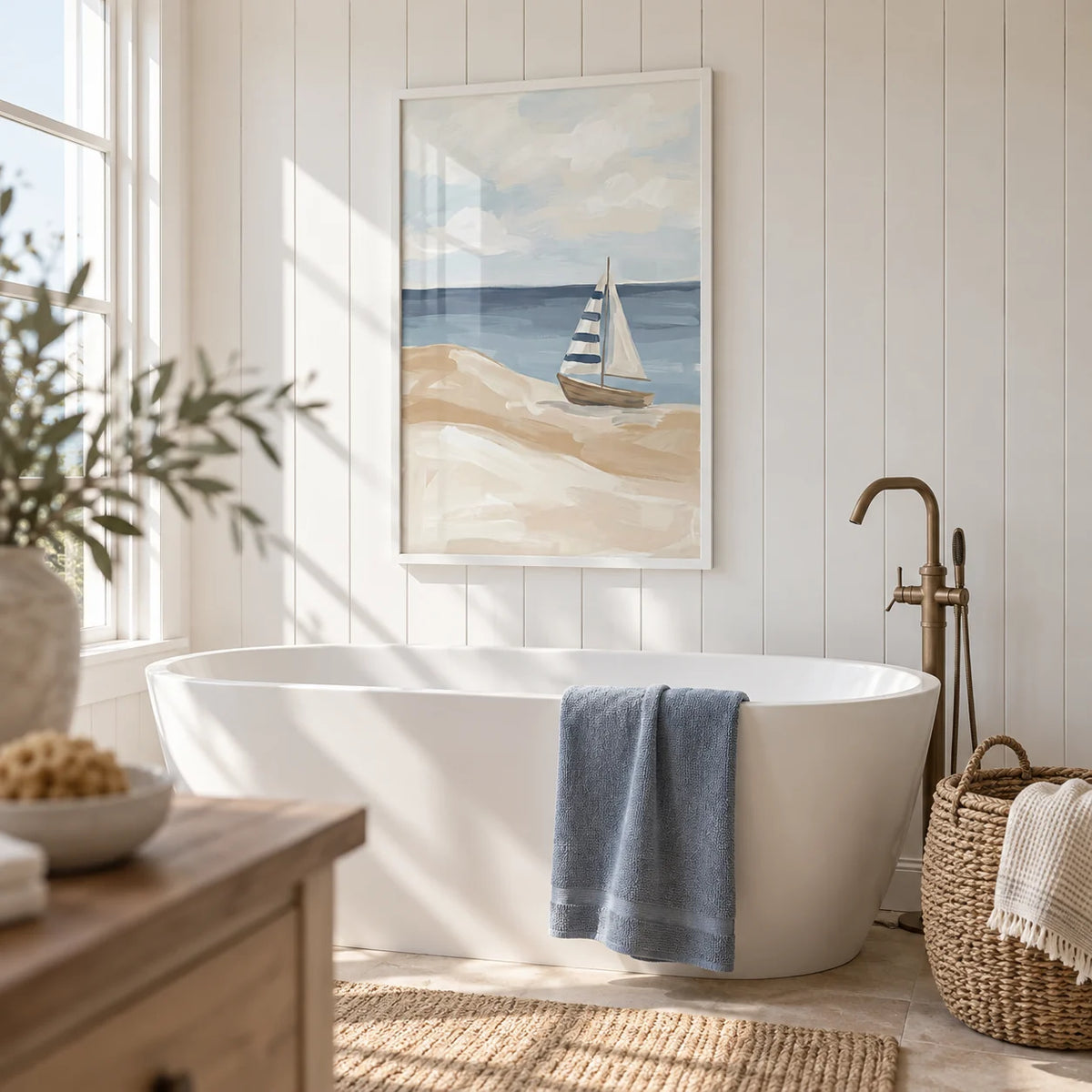Beach Sailboat Wall Art, framed on the wall of a beach-house bathroom with white tongue-and-groove panelling