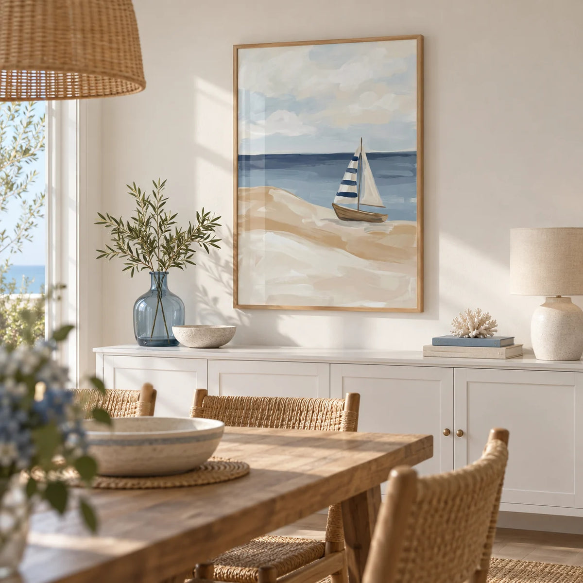 Beach Sailboat Wall Art, framed on the wall of a bright seaside dining room