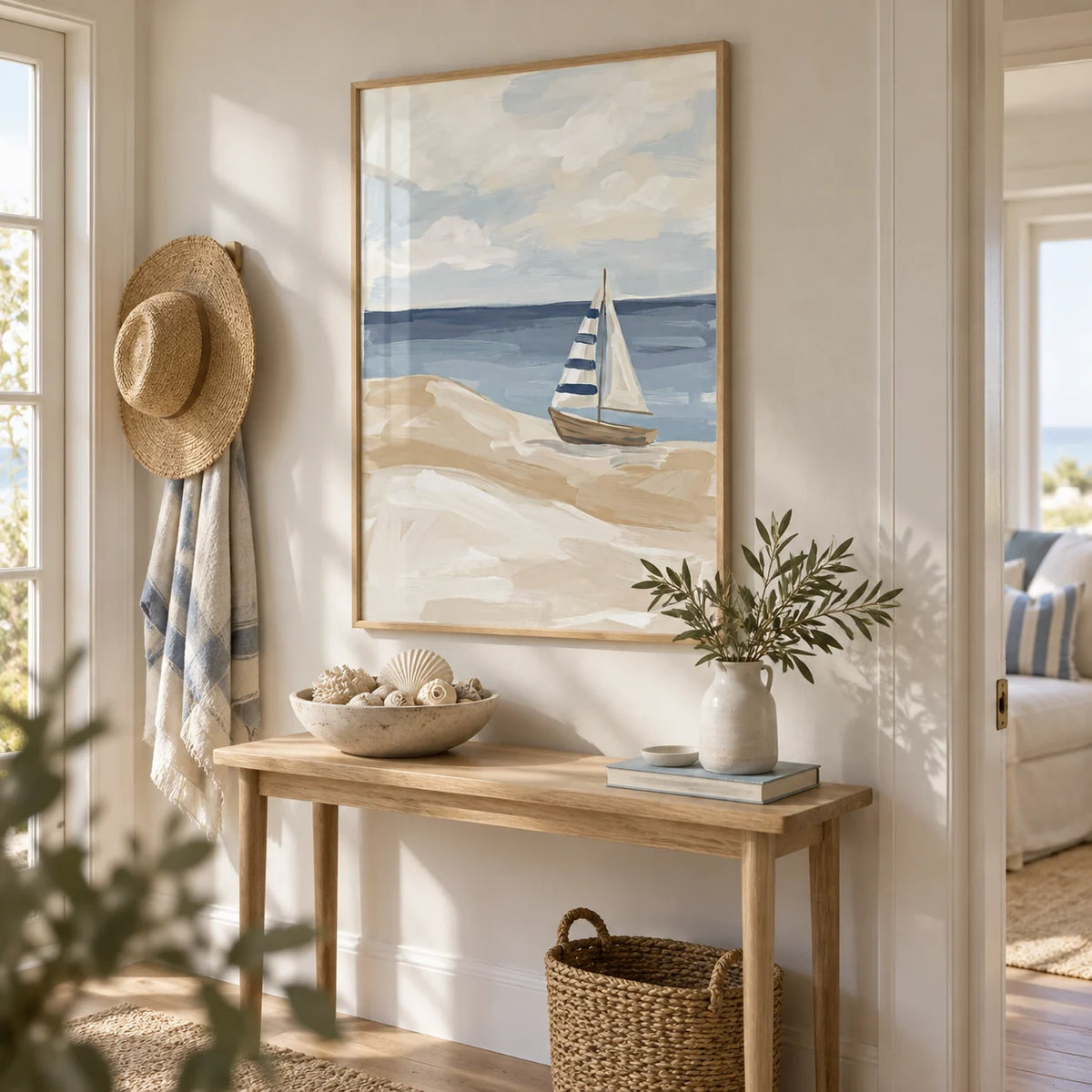 Beach Sailboat Wall Art, framed on the wall of a coastal cottage hallway