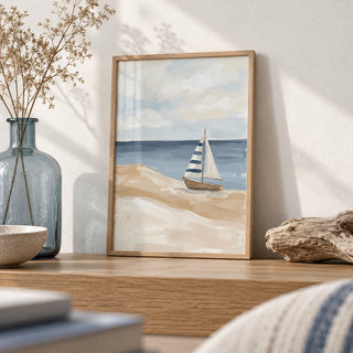 Beach Sailboat Wall Art, a small A4 framed print leaning on an oak shelf in a living room