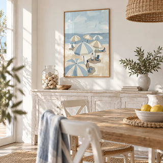 Beach Umbrella Art, framed on the wall of a beach-house dining room