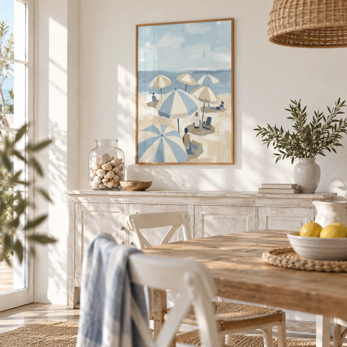 Beach Umbrella Art, framed on the wall of a beach-house dining room