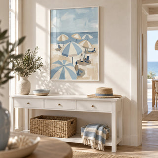 Beach Umbrella Art, framed on the wall of a bright seaside hallway
