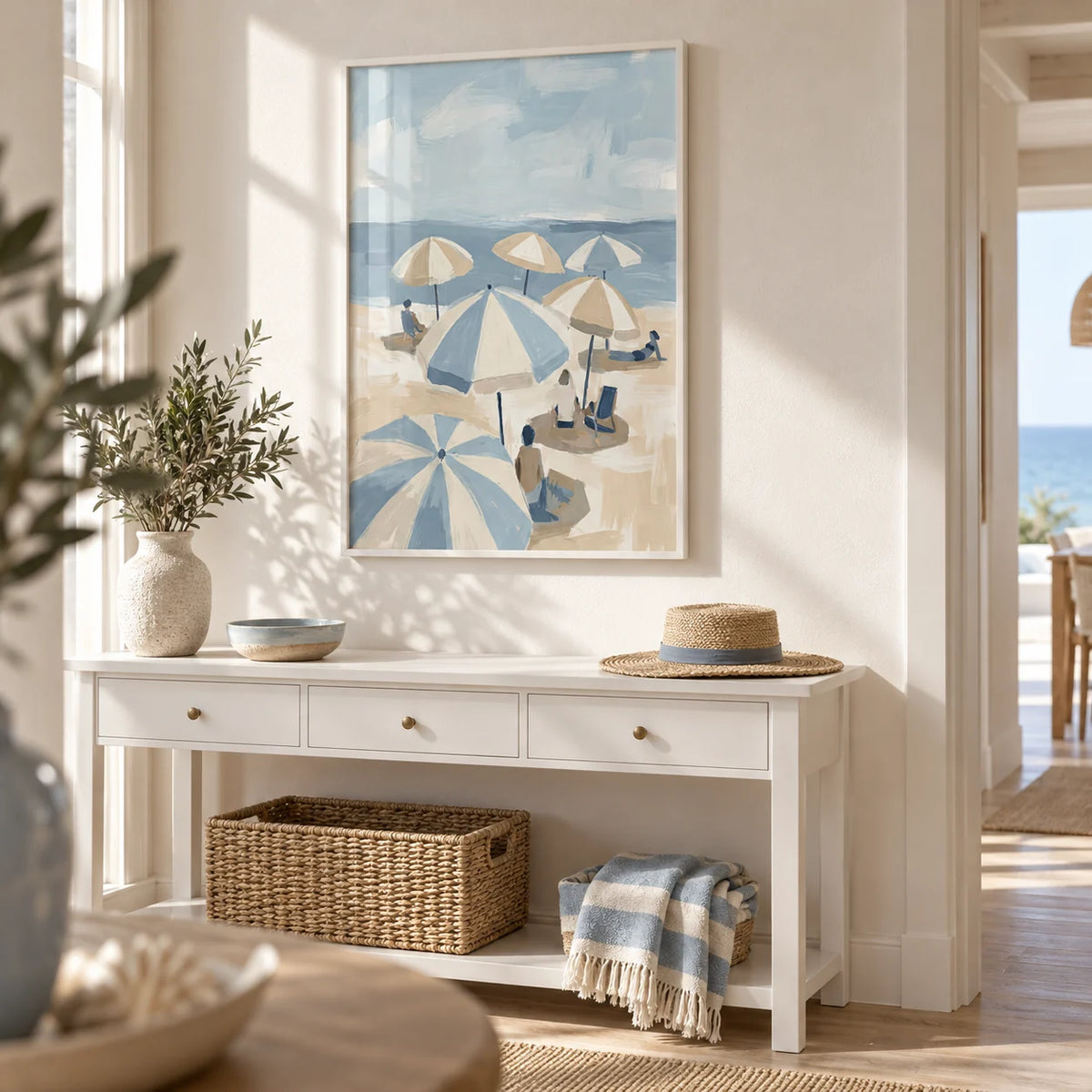 Beach Umbrella Art, framed on the wall of a bright seaside hallway