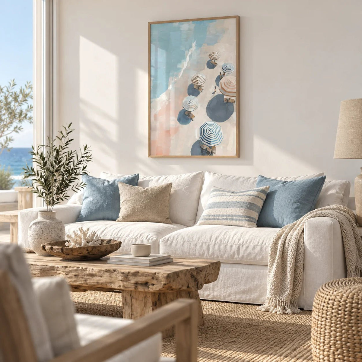 Beach Umbrella Print, framed on the wall of a beach house living room