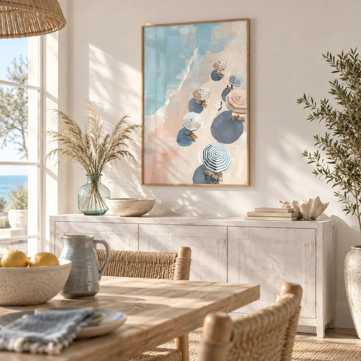 Beach Umbrella Print, framed on the wall of a breezy coastal dining room