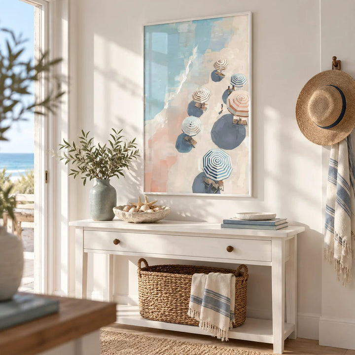 Beach Umbrella Print, framed on the wall of a bright seaside hallway