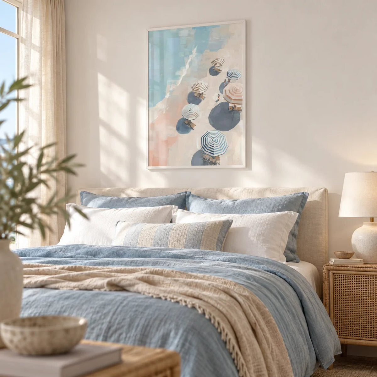 Beach Umbrella Print, framed on the wall of a light coastal bedroom
