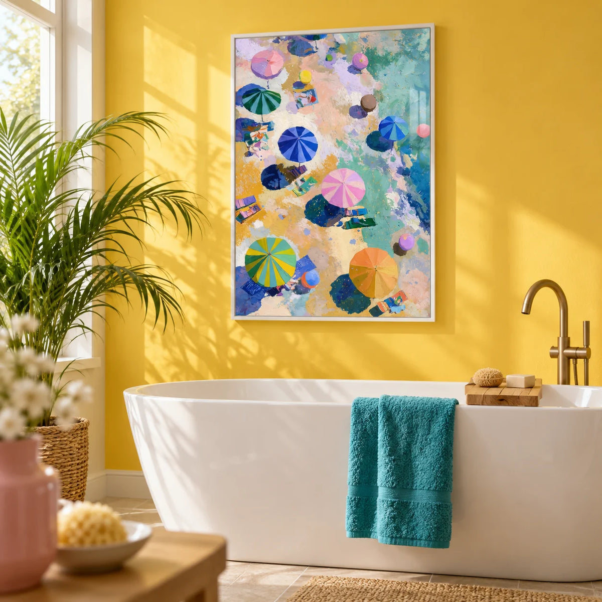 Beach Umbrellas Print, framed on the wall of a bright bathroom with a plain sunny yellow painted wall and a white bath