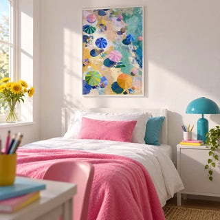 Beach Umbrellas Print, framed on the wall of a cheerful single bedroom for a teenage girl (13-17) with a plain white wall