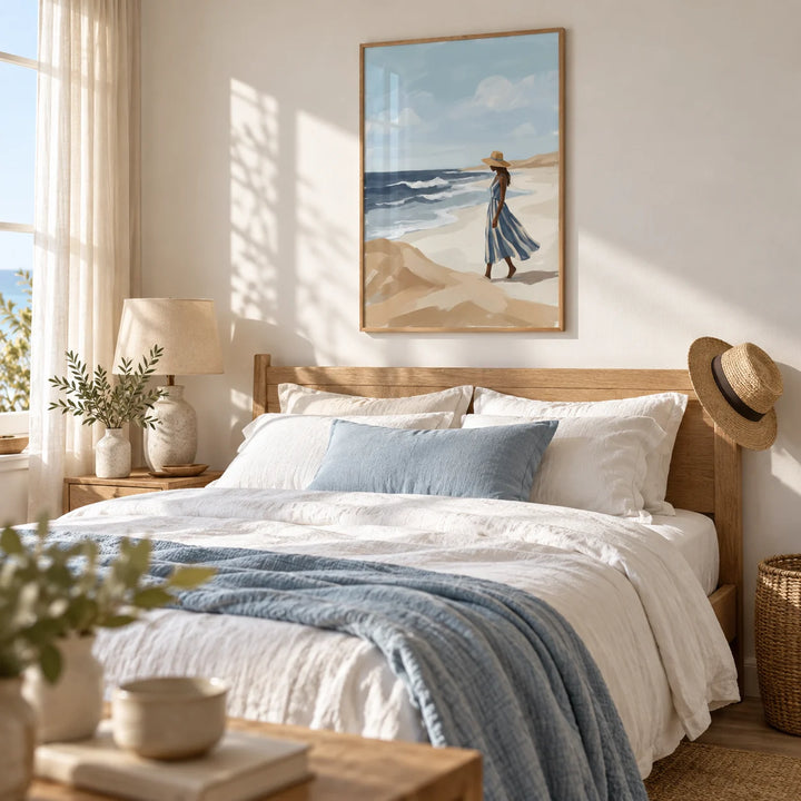 Beach Woman Art Print, framed on the wall of a breezy coastal bedroom