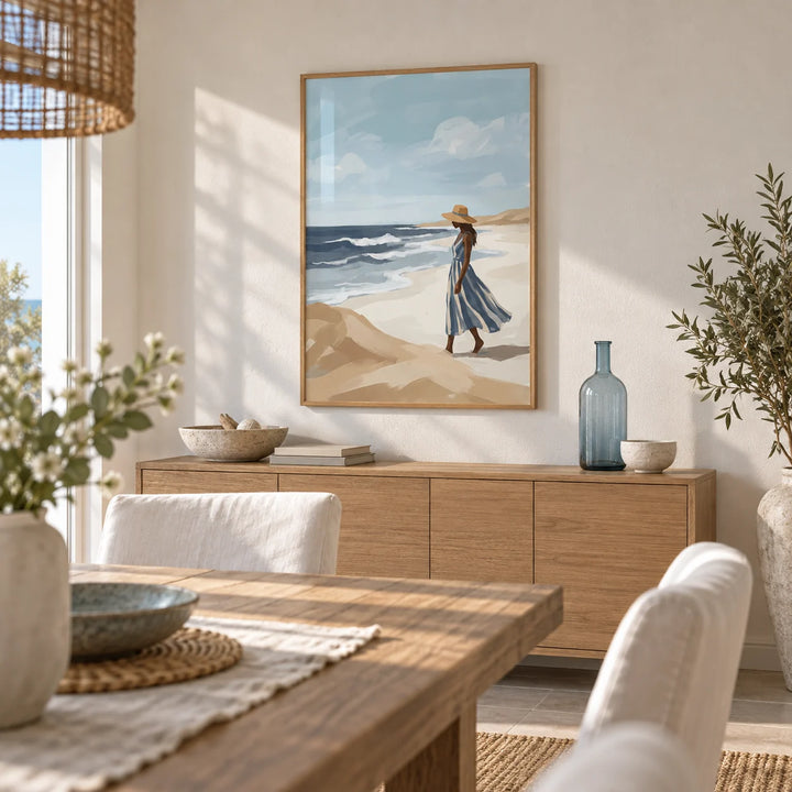 Beach Woman Art Print, framed on the wall of a coastal dining room