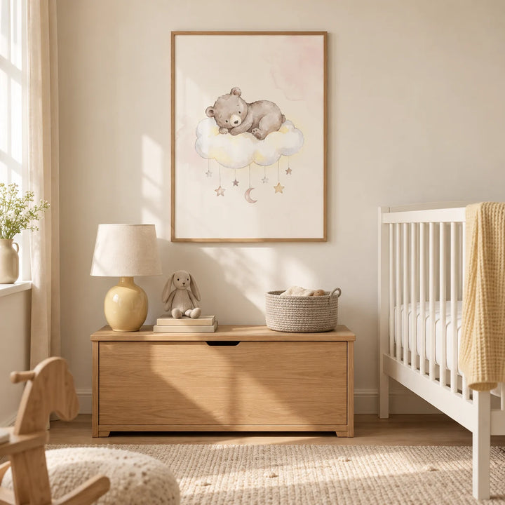 Bear Cloud Art Print, framed on the wall of a calm Scandi nursery in a UK family home with a warm cream wall and pale oak floor