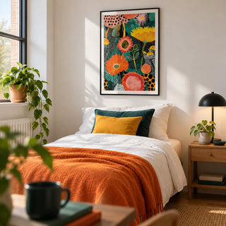 Beautiful Flower Art, framed on the wall of a bright single bedroom in a first flat (22-28) with a white wall