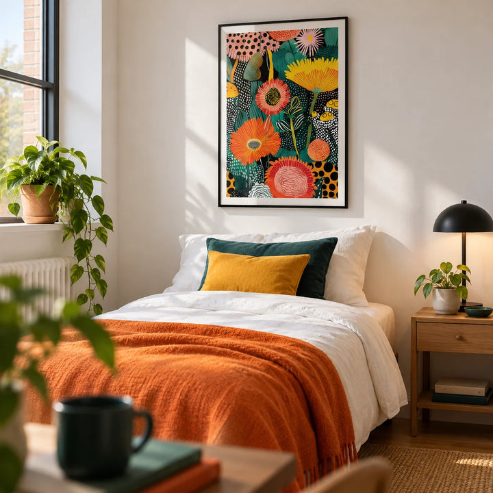 Beautiful Flower Art, framed on the wall of a bright single bedroom in a first flat (22-28) with a white wall