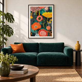 Beautiful Flower Art, framed on the wall of a characterful modern living room with a warm white wall and a dark wood floor