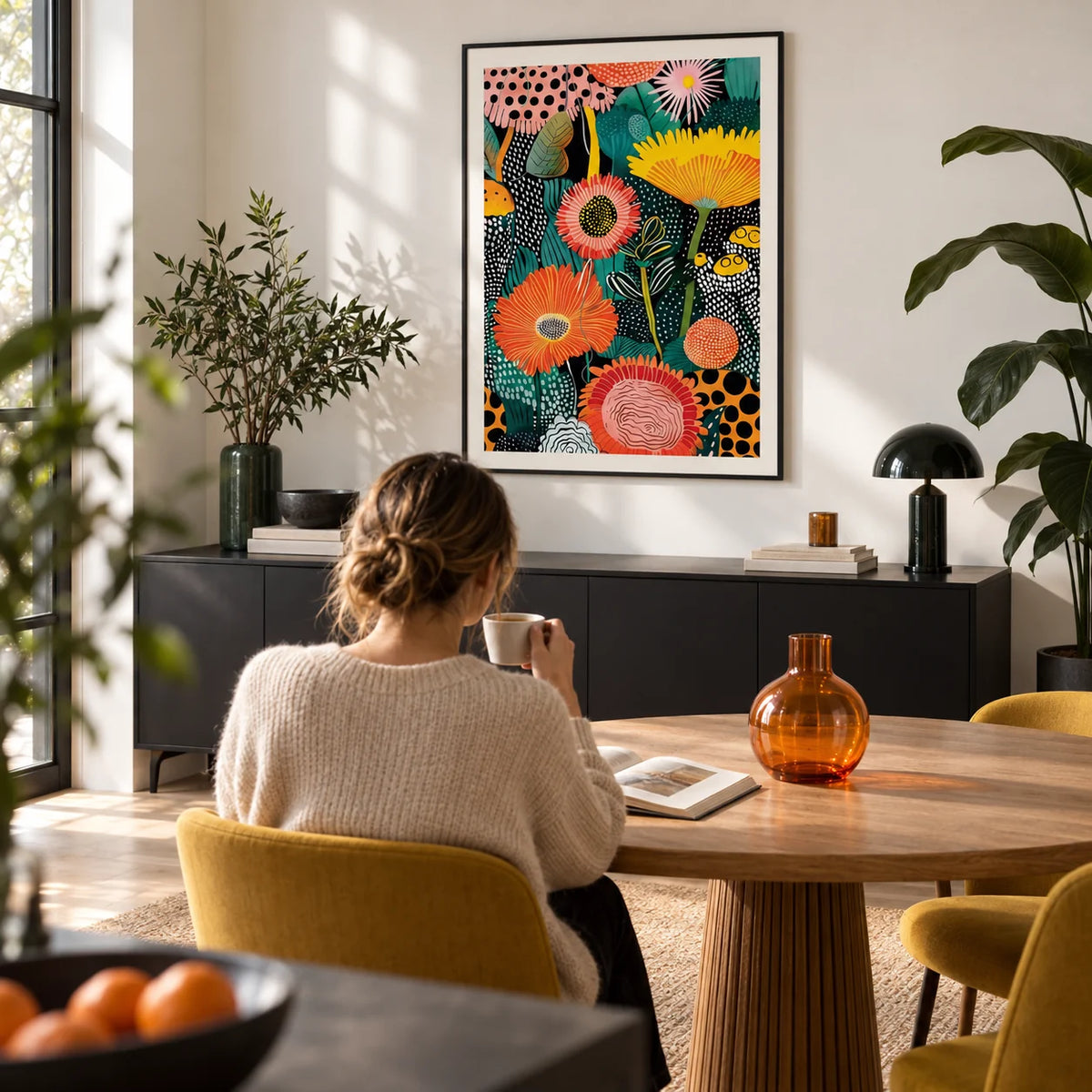 Beautiful Flower Art, framed on the wall of a modern dining room with a soft white wall
