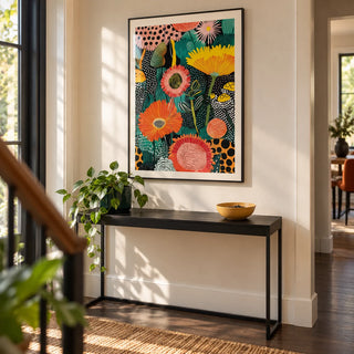 Beautiful Flower Art, framed on the wall of a modern hallway with a warm white wall and a dark wood floor
