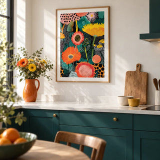 Beautiful Flower Art, framed on the wall of a modern kitchen with plain deep teal painted cabinets and a white worktop