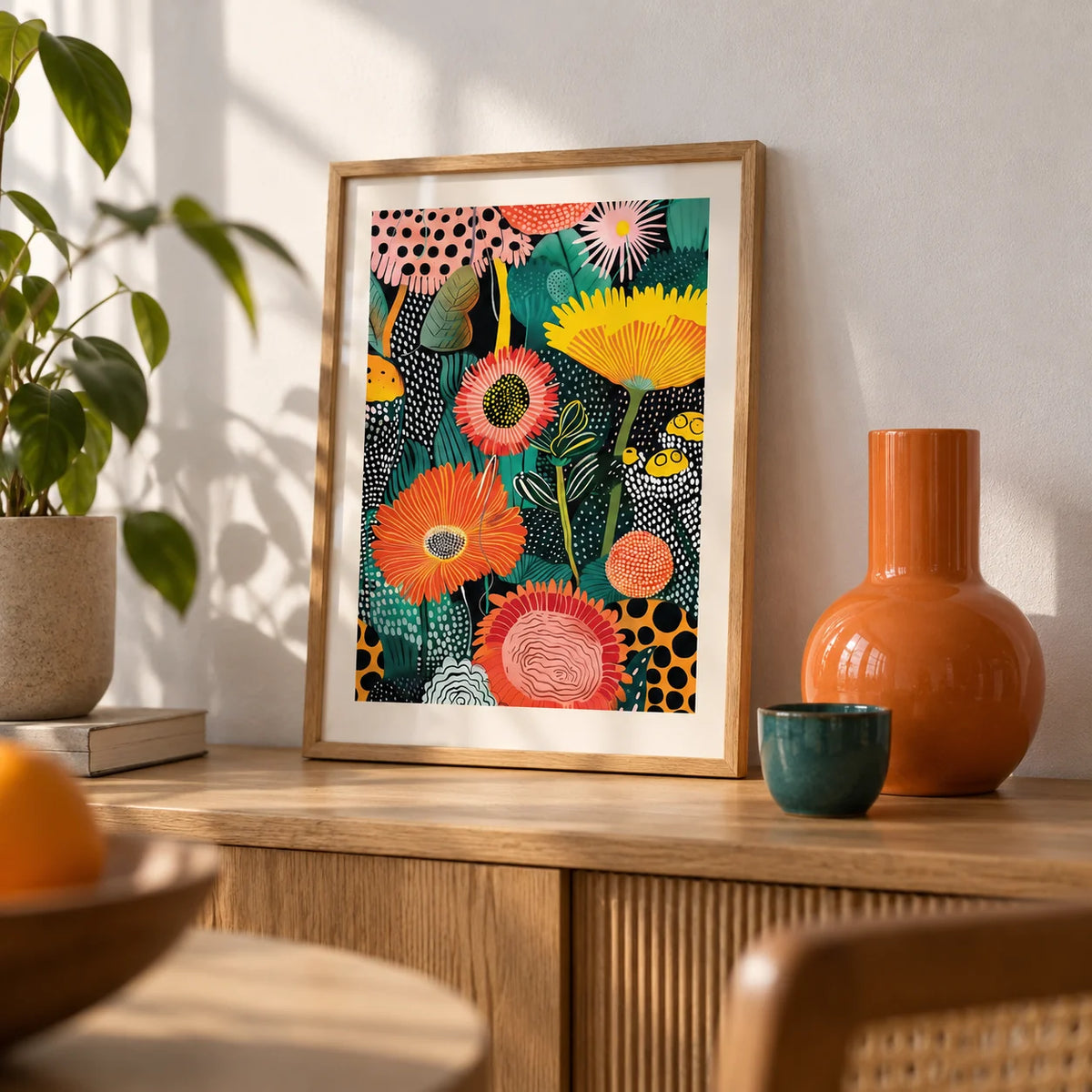 Beautiful Flower Art, a small A4 framed print leaning on an oak shelf in a living room