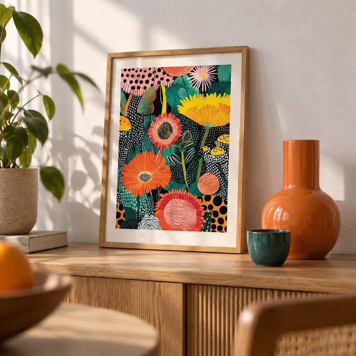Beautiful Flower Art, a small A4 framed print leaning on an oak shelf in a living room