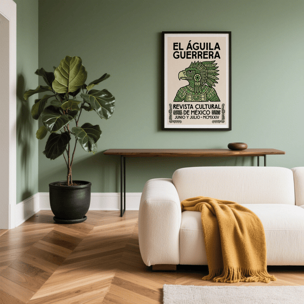 Graphic poster print with central eagle motif and large Spanish text arranged in a clean, structured composition