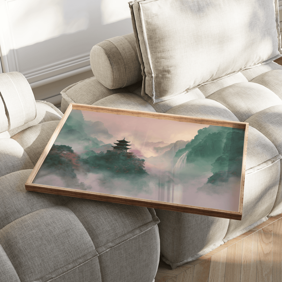 Misty Mountain Temple Art with serene Beige, Green, Pink in art print for meditation space