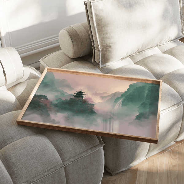 Misty Mountain Temple Art with serene Beige, Green, Pink in art print for meditation space