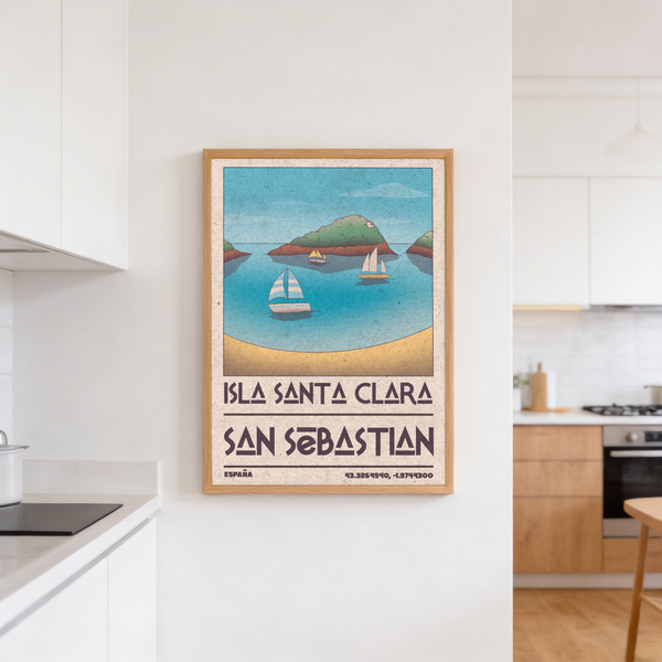 Harbor scene print poster with striped sailboat in the foreground and two boats near an island horizon