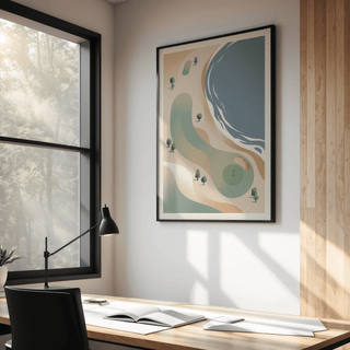 Top-down Coastal Golf Course Art Print with stylized trees, bunker, and shoreline curves