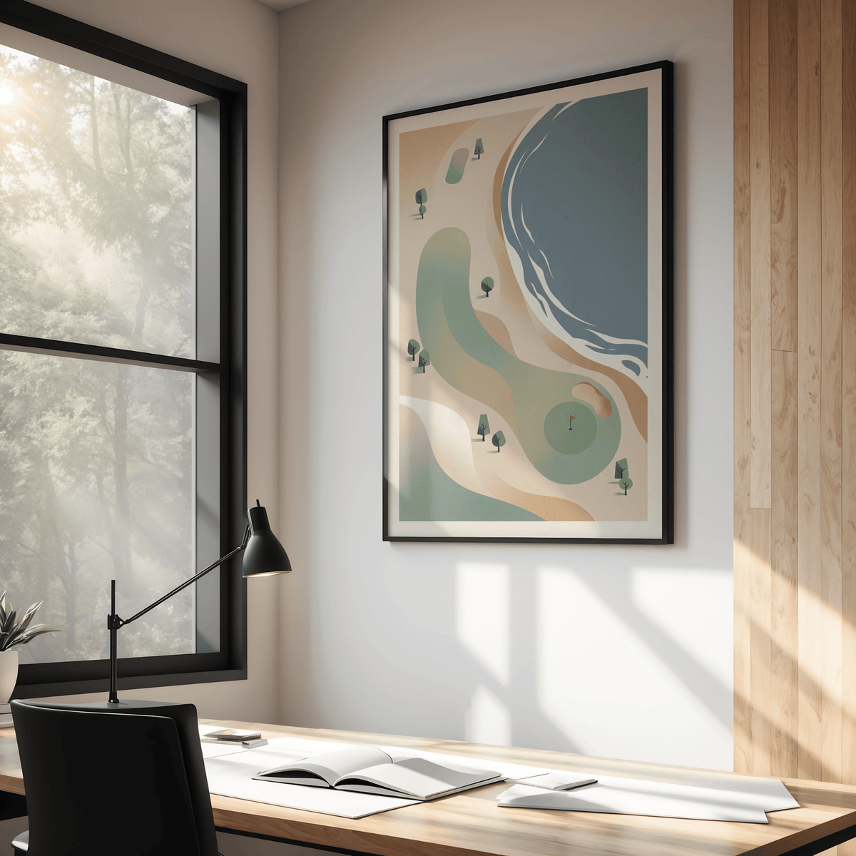 Top-down Coastal Golf Course Art Print with stylized trees, bunker, and shoreline curves