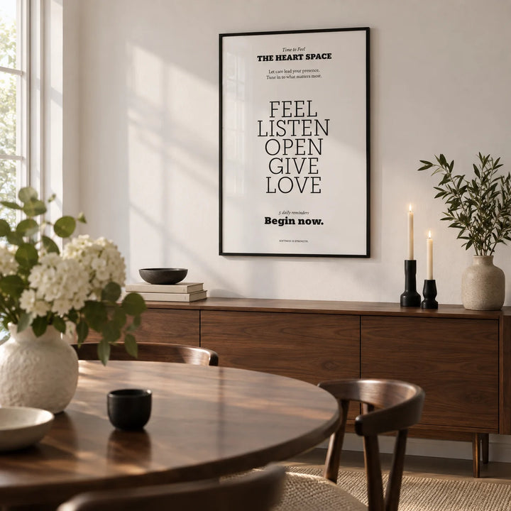 Bedroom Wall Decor Quotes, framed on the wall of a calm dining room with a white wall