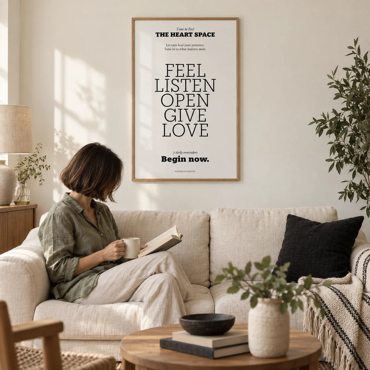 Bedroom Wall Decor Quotes, framed on the wall of a calm living room with a warm white wall