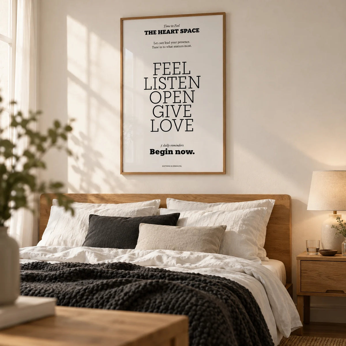 Bedroom Wall Decor Quotes, framed on the wall of a soft calm bedroom with a warm white wall