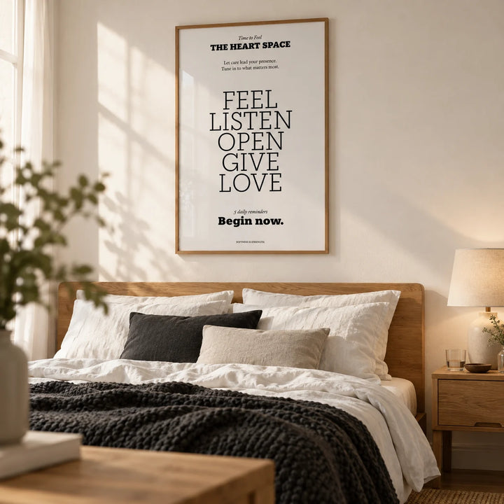 Bedroom Wall Decor Quotes, framed on the wall of a soft calm bedroom with a warm white wall