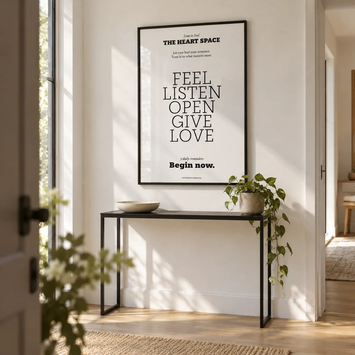 Bedroom Wall Decor Quotes, framed on the wall of a welcoming entrance hall with a white wall and a pale oak floor