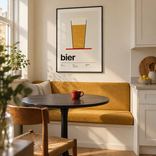 Beer Poster, framed on the wall of a crisp kitchen breakfast nook in a small UK maisonette with a cream wall and a built-in bench upholstered in solid golden amber