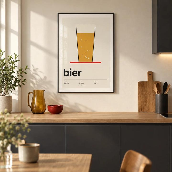 Beer Poster, framed on the wall of a modern kitchen in a UK first flat for a design-conscious adult (25-35)
