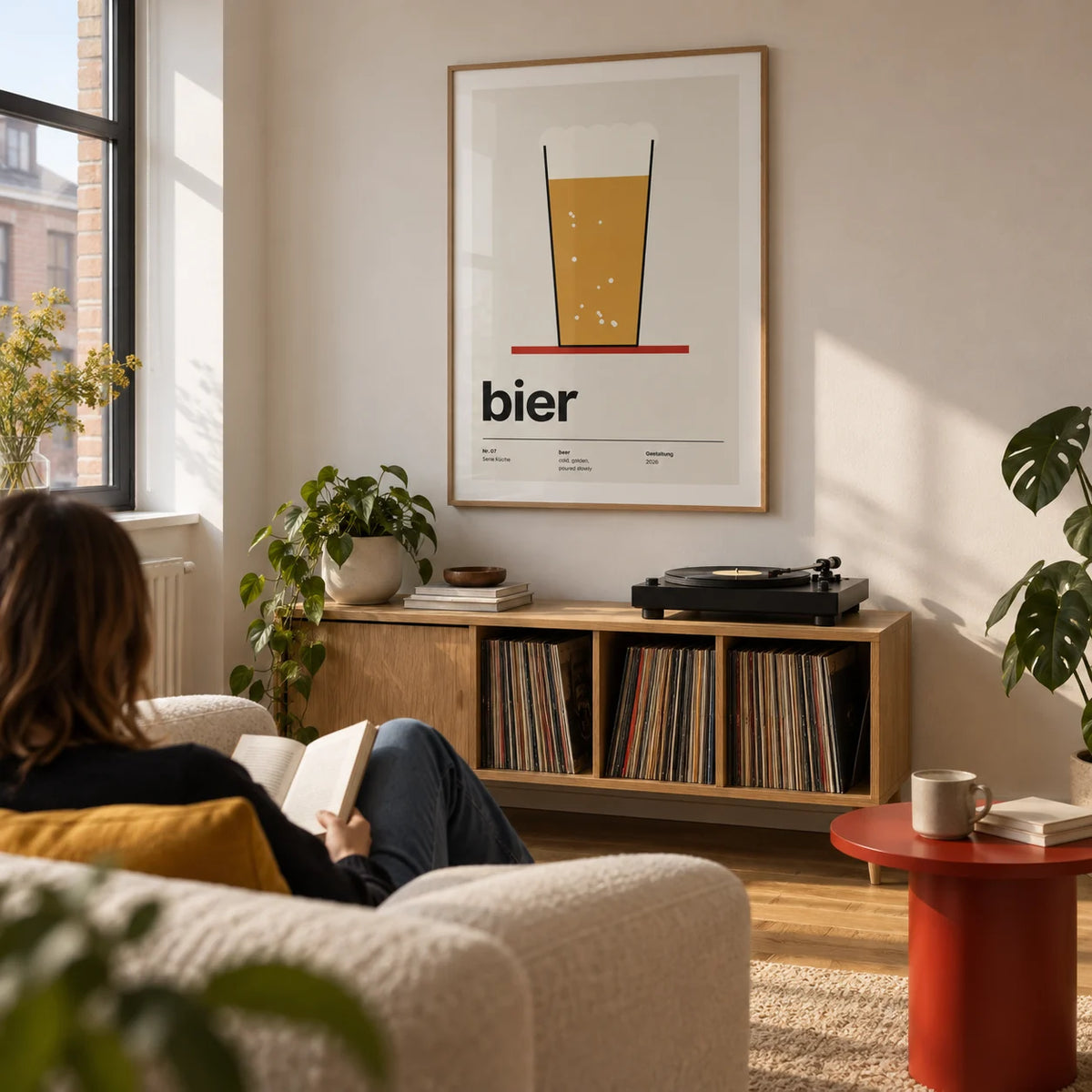 Beer Poster, framed on the wall of a modern living room in a UK city flat with an off-white wall