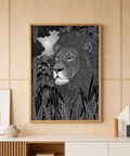 Featuring a lion head illustration print in black and white with dense stippling and etched fur texture
