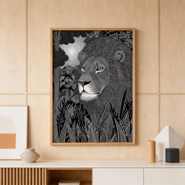 Featuring a lion head illustration print in black and white with dense stippling and etched fur texture