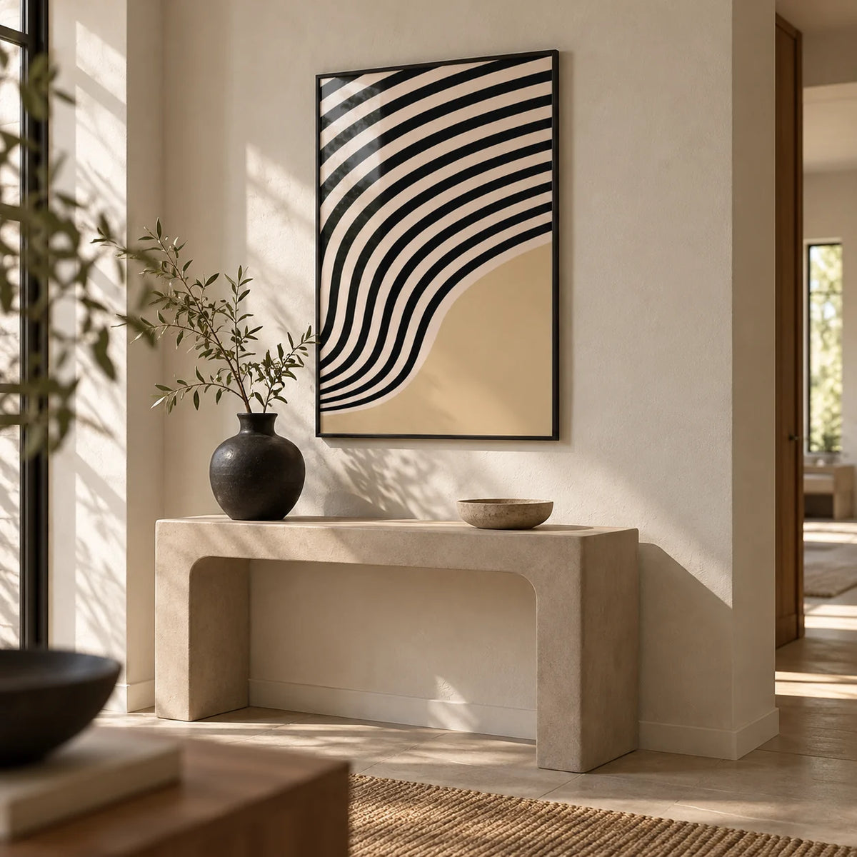 Beige Abstract Art, framed on the wall of a calm hallway